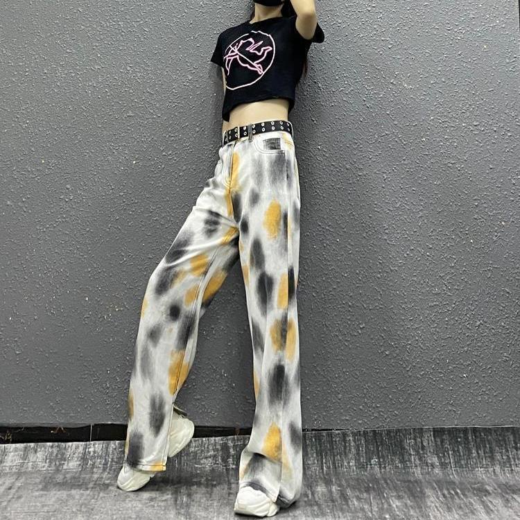 celana jeans pinggang tinggi warna tie-dye gaya barat slit wide leg jeans wanita musim gugur dan mus