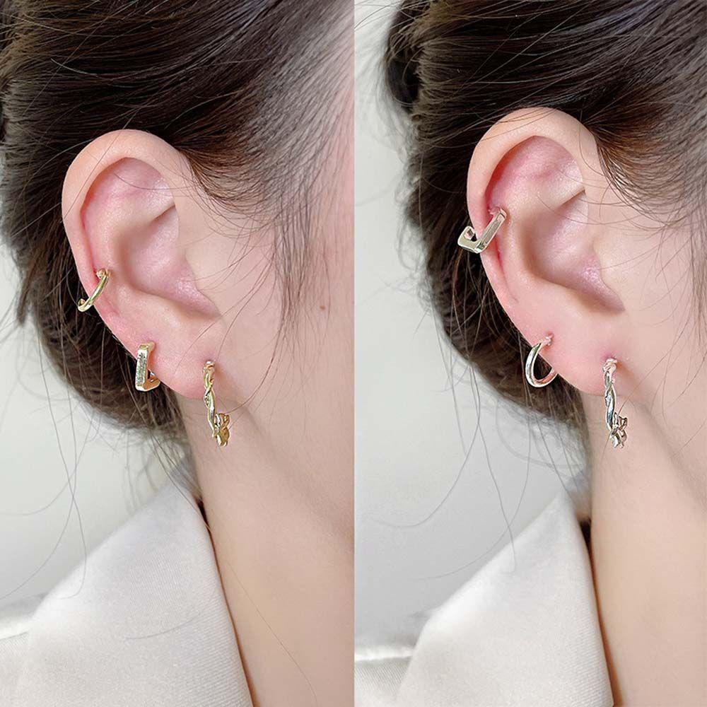 Mxbeauty Anting Hoop Logam Wanita Kreatif Memutar Geometri Perak Perancis Berbentuk C Anting-Anting Perempuan Anting-Anting Set