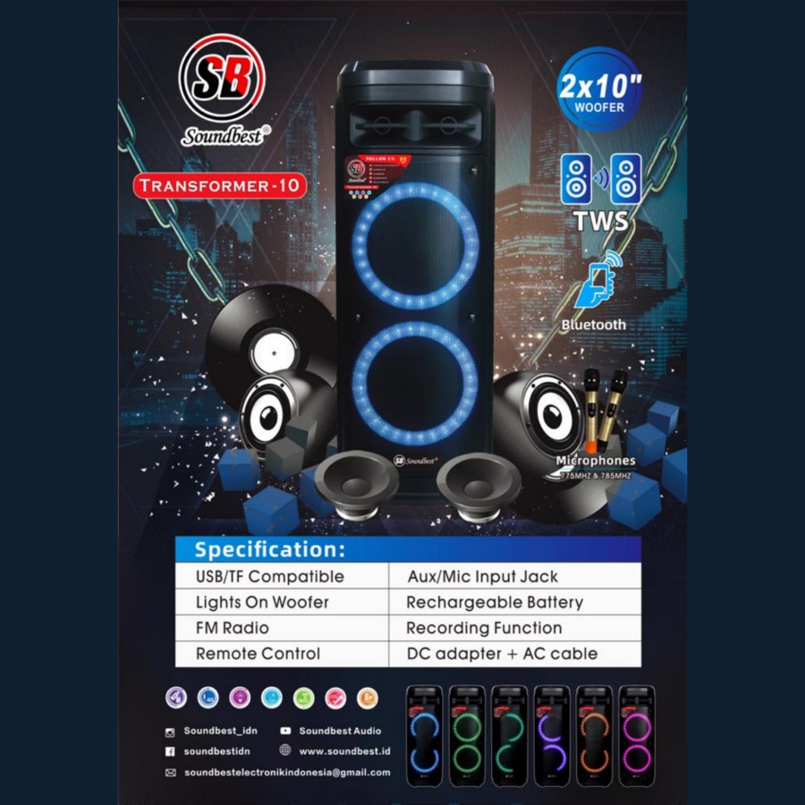 Speaker Portable Wireless Aktif 2 x 10 Inch SOUNDBEST Transformer 10 Speaker Aktif Double 10 inch