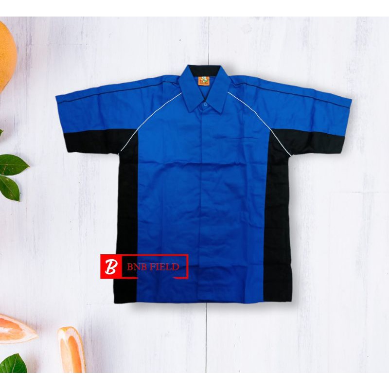 KEMEJA BIRU KOMBINASI HITAM BAHAN AMERICAN DRILL