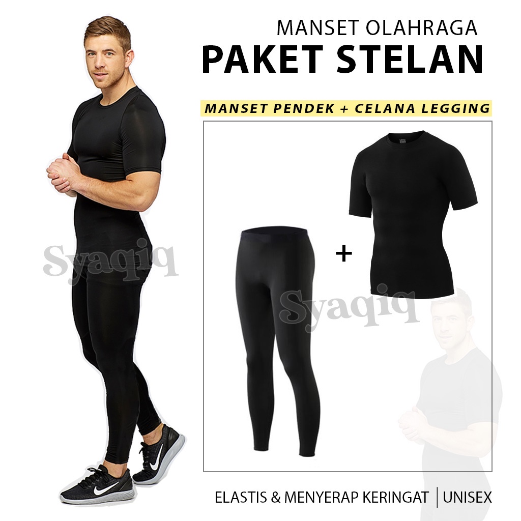 Setelan Baju Baselayer Manset Tangan Pendek Celana Legging Olahraga Futsal Sepakbola Pria Wanita