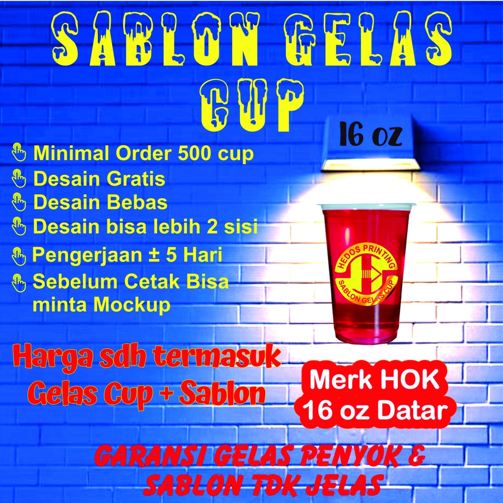 Gelas cup plastik 16 oz datar sablon custom bebas desain