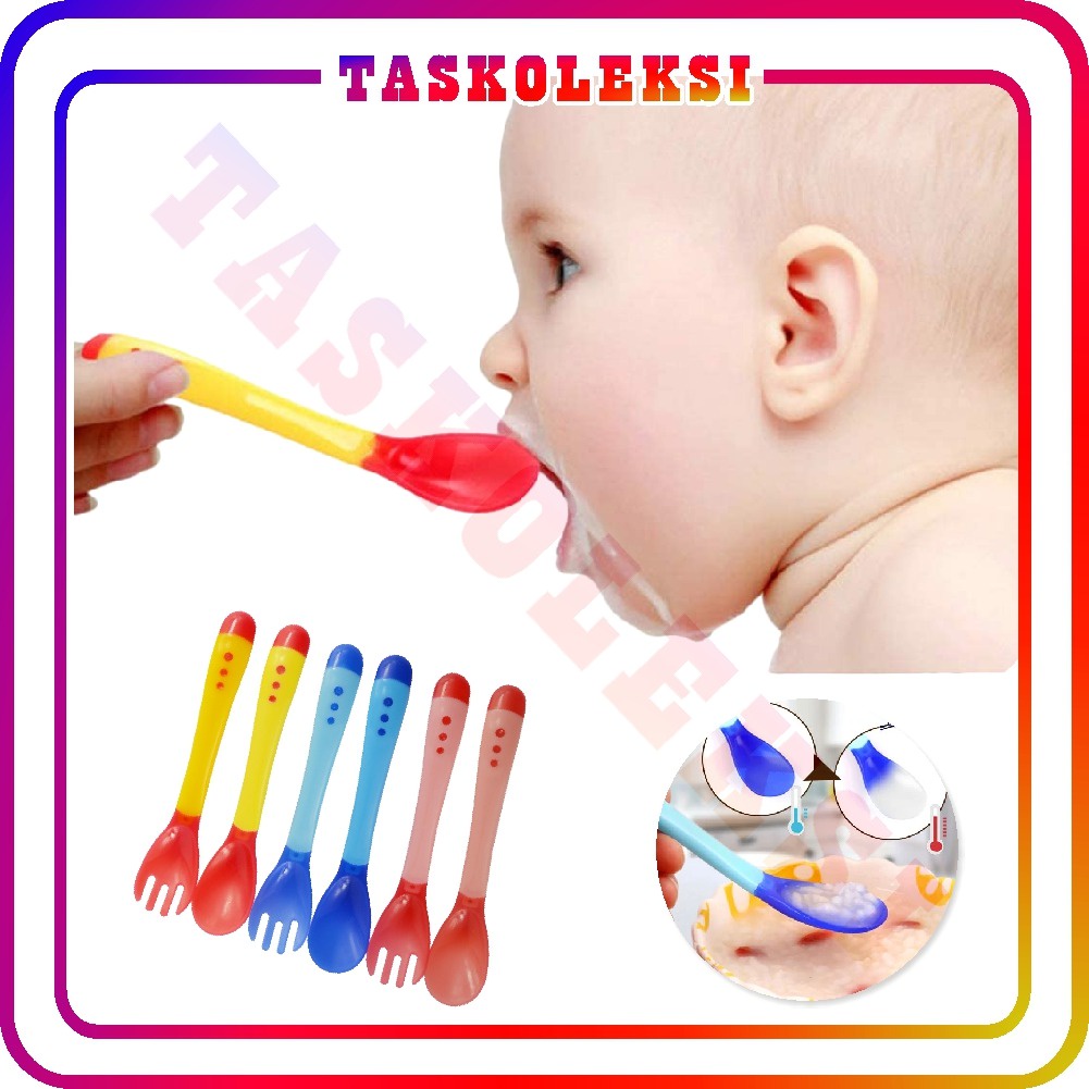 ☛TK☚ R577 Sendok makan bayi / sendok garpu Sensor Panas silikon / Peralatan Makan Bayi