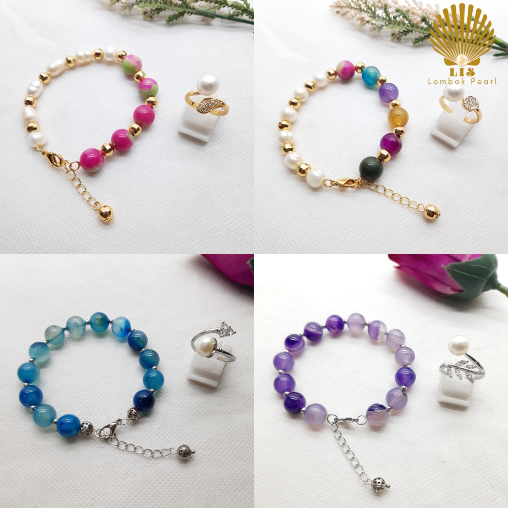 Girly Bracelet Set Gelang dan Cincin Mutiara Tawar Asli Lombok Mix Batu Agate Alami Biru Ungu Delima