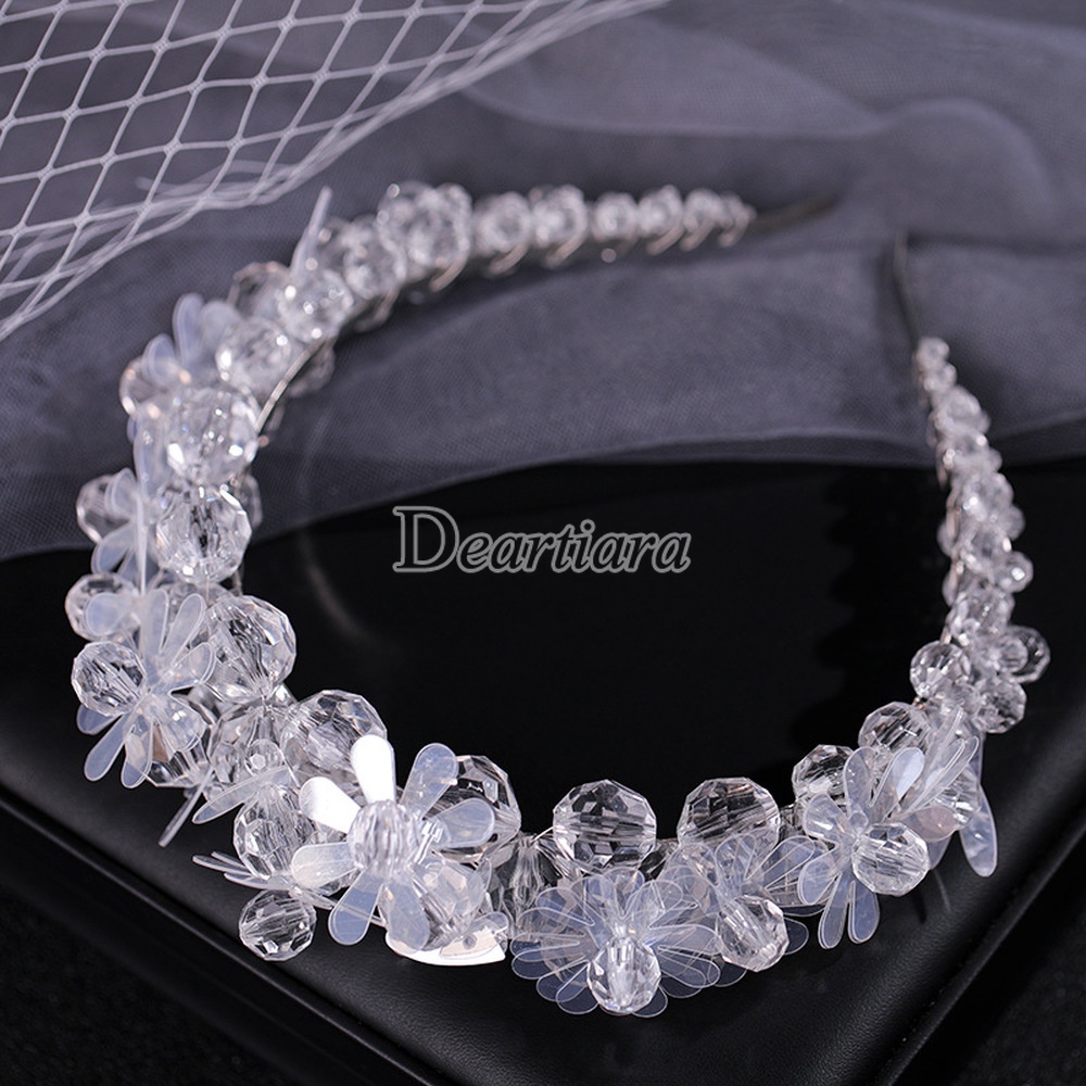 Headband Bentuk Bunga Aksen Mutiara Kristal Transparan Untuk Wanita