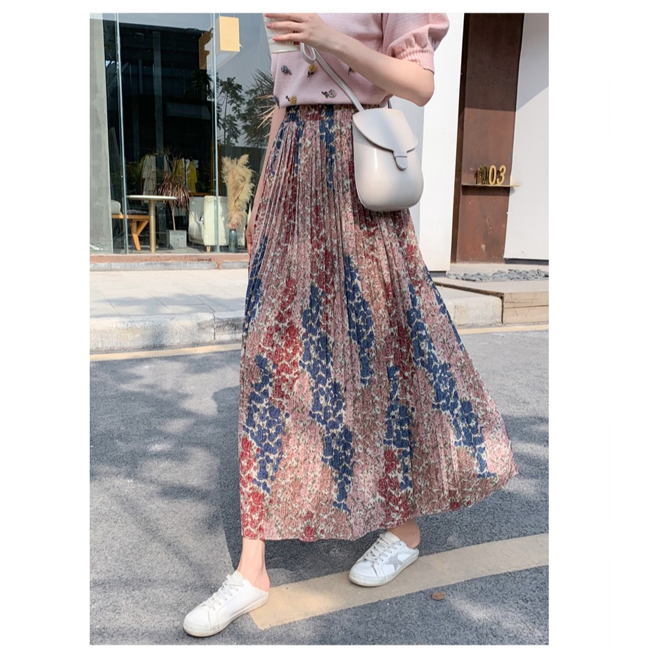 Rok Plisket Prisket Import / Rok Bunga / Maxi Skirt Motif Lucu Floral Bunga Vintage