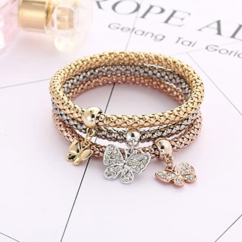 3pcs Gelang Rantai Dengan Charm Hati Aksen Kristal Untuk Wanita