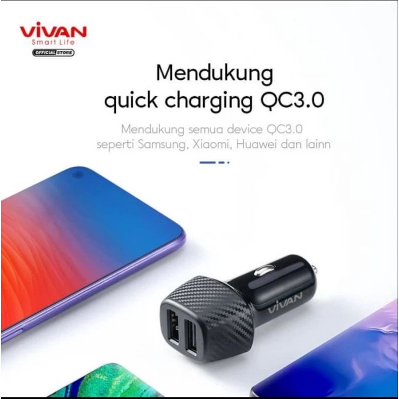 VIVAN Car Charger 30W Dual Port USB-A 3A Quick Charge 3.0 Black CC02Q