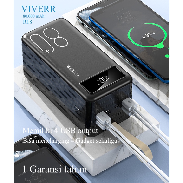 Powerbank VIVERR type R18 kapasitas terbesar 80.000 mAH Real kapasitas 100% dijamin garansi 1Tahun.