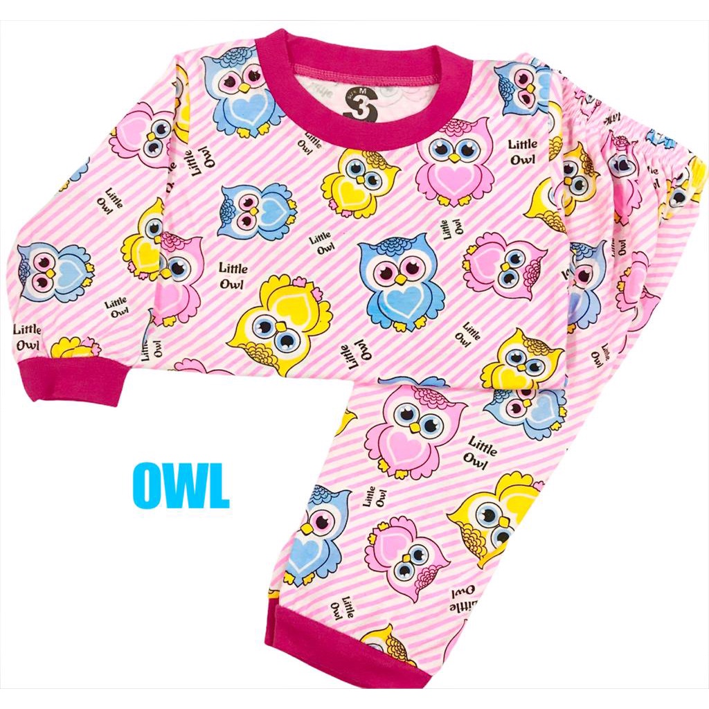 (1 KG MUAT 7 STEL) BAJU TIDUR ANAK KIDS PEREMPUAN/CEWEK PIYAMA PP PAJAMAS BAHAN KAOS KATUN OWL/BURUNG