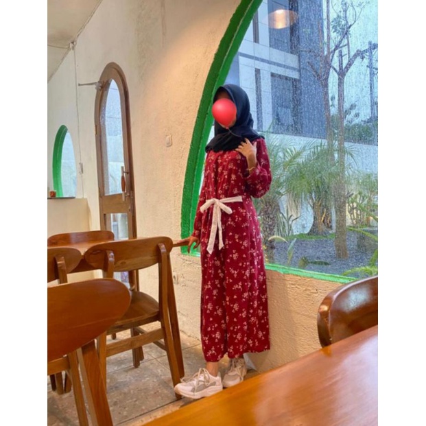 Gamis Midi Maroon Motif Bunga Kecil Alya Dobby