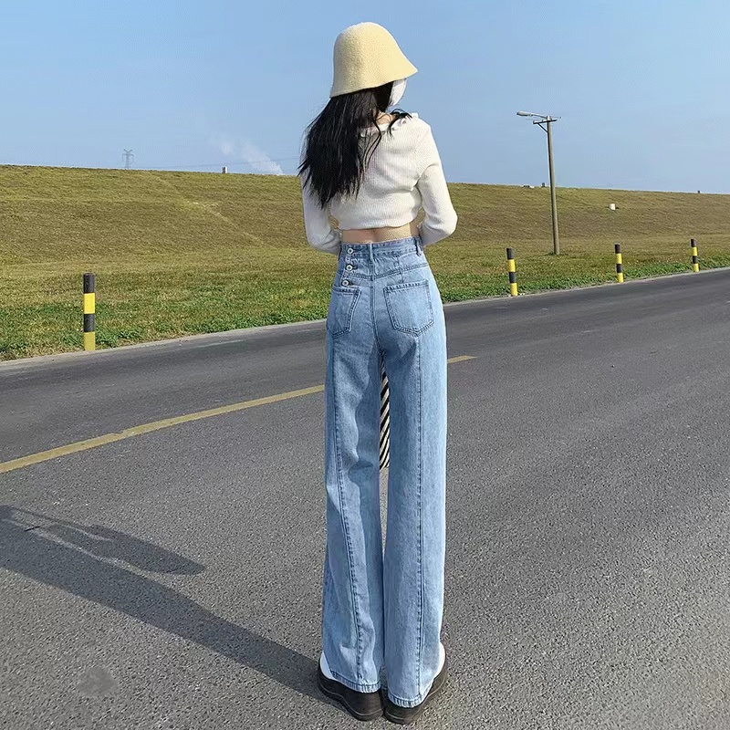 High waist Korean Style Kasual Kulot Loose Straight Panjang Denim Bagy Wide Leg Celana Jeans Wanita