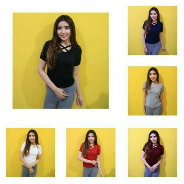 Daisy blouse pakaian blus blouse wanita jepang korea rajut spandex Hitam Navy Abu Putih Merah Maroon