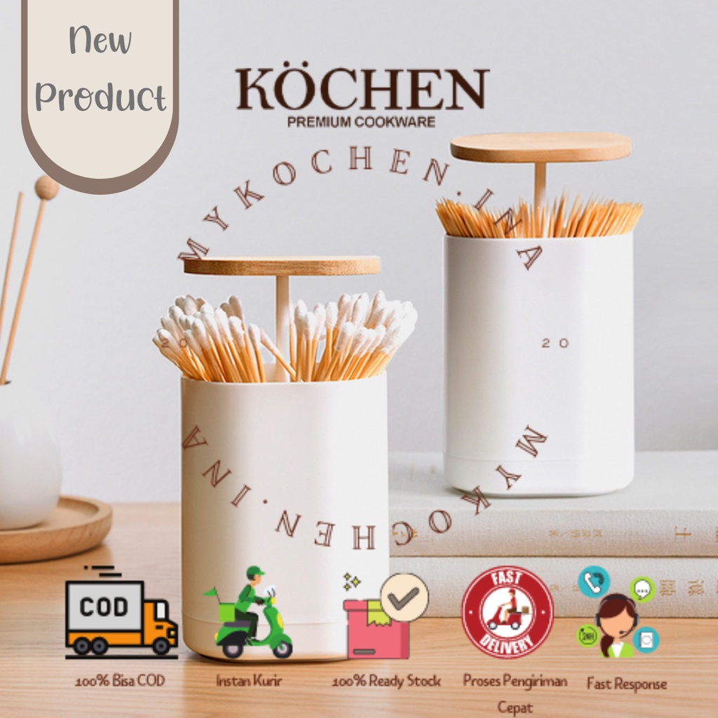 MYKOCHEN.INA Tempat Tusuk Gigi Portable Toothpick Box Aesthetic Estetik Modern Minimalis Dental Floss Cotton Bud Otomatis Lucu Unik Kosmetik Bambu Bamboo