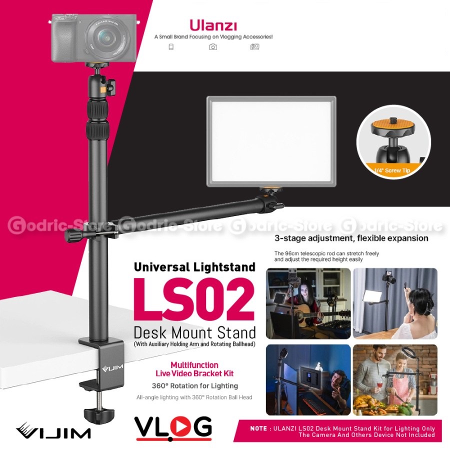 ULANZI LS02 Camera Desk Mount Overhead Stand u/ Light HP Bracket Clamp