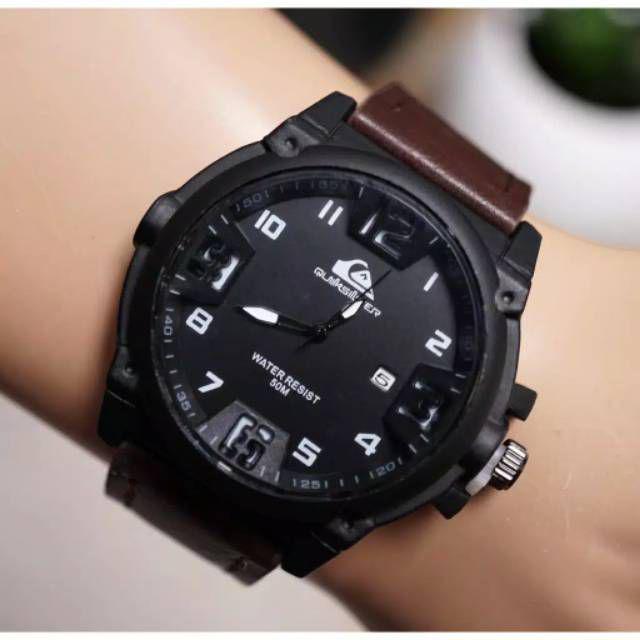 Jam Tangan Pria Sporty Quicksilver Tanggal Aktif Strap Kulit-Coklat Tua
