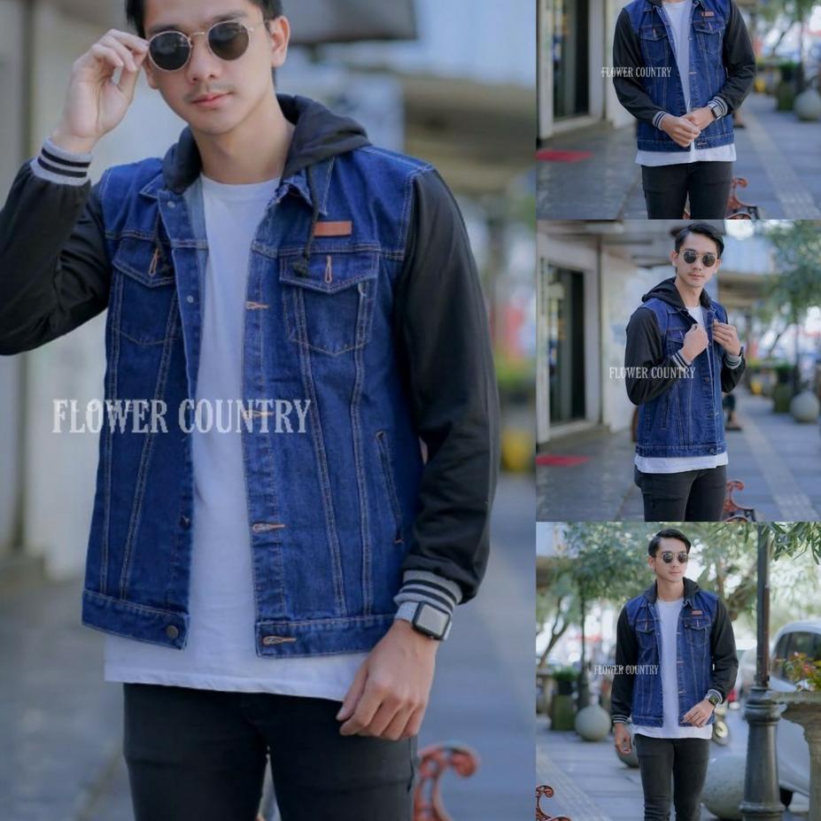 (ATC) TERMURAH  JACKET JEANS DENIM REGLAN PRIA JAKET JEANS BOY HOODIE KOMBINASI FLEECE BIG SIZE L XL
