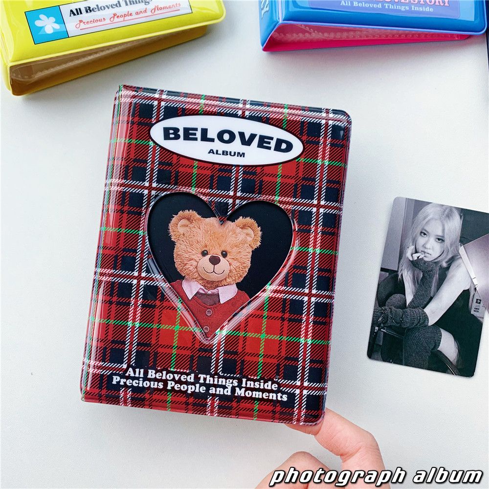 AUGUSTINA 3 inch Collect Books Vintage Bear Name Card Book Photo Album Idol Album ID Holder Hollowed Heart Binder Album Postcards Organizer Business Card Kpop Card Binder/Multicolor