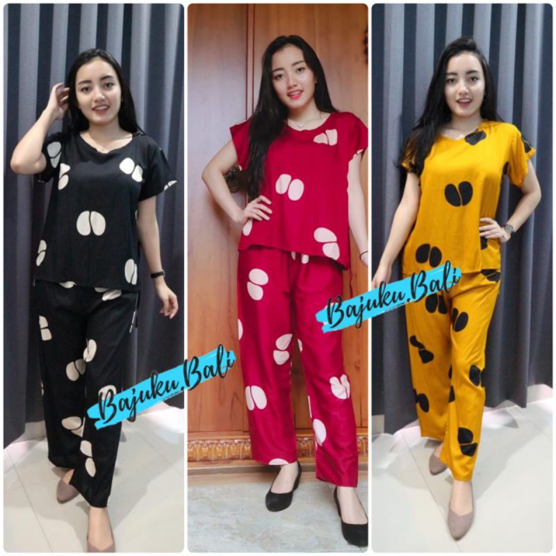 Babydoll Piyama Setelan Celana Panjang Rayon Super Oneset Baju Tidur Kopi Bali