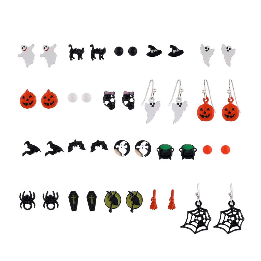 Lily 20pasang Halloween Drop Anting Kreatif Mengerikan Kucing Hitam Gagak Tengkorak Penyihir Hallowmas Kostum Cosplay