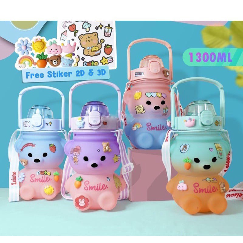 Botol Minum Gemoy Beruang 1300ml Botol Anak Rainbow Gradasi Pastel FREE STIKER 2D&amp;3D