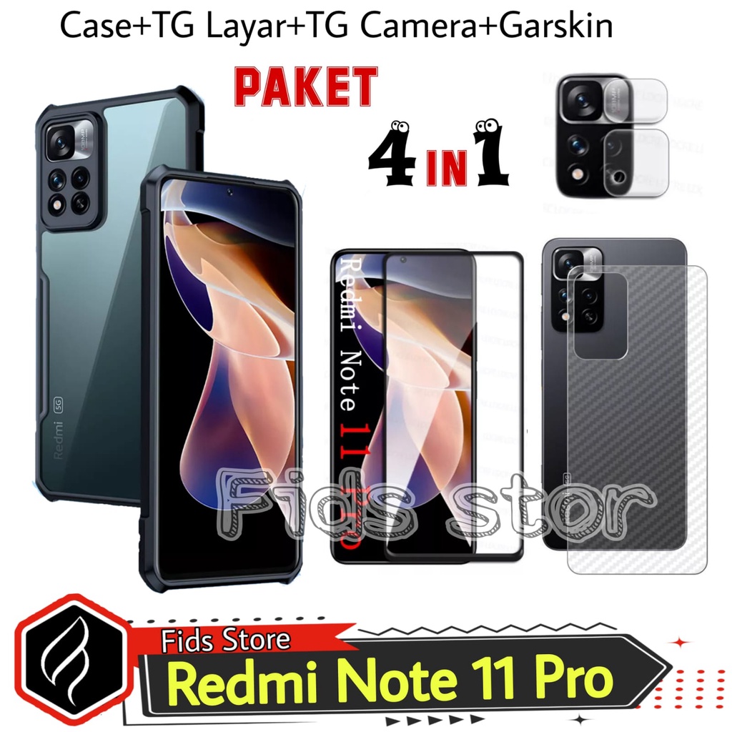 PROMO PAKET 4in1 XIAOMI NOTE 11 5G / Note 11 Pro 5G Case + Tempered Glass Full Cover Black + Camera Lens Protect BONUS Garskin Karbon Pelindung belakang HP Anti Jamur