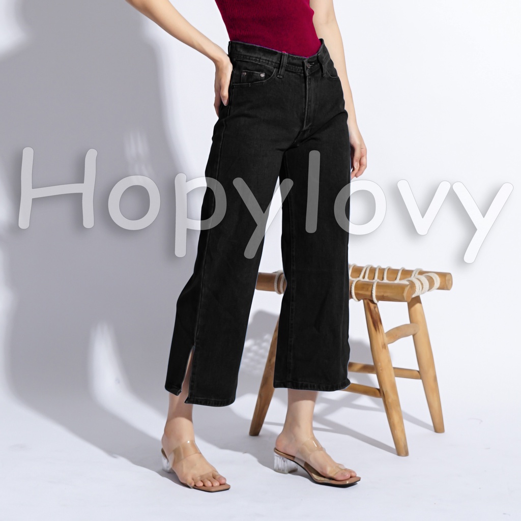 HOPYLOVY Celana Kulot Jeans Boyfriend Jeans Wanita Side Slit Wineta