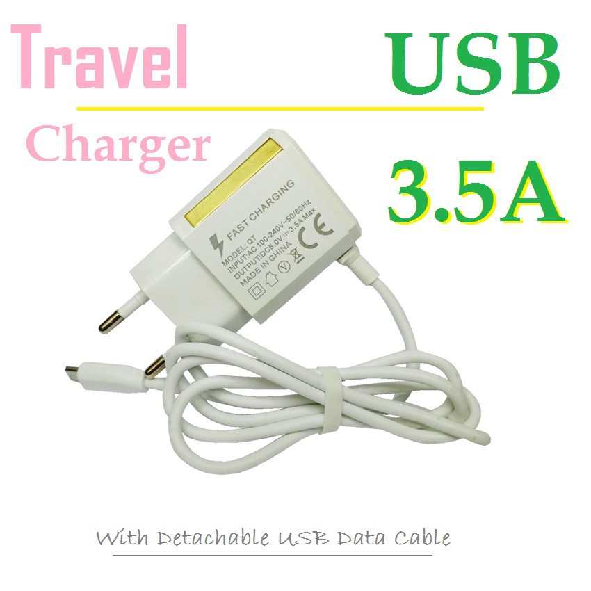TRAVEL CHARGER WALL 3.5A DUAL USB PORT + KABEL with Detachable USB Data Cable