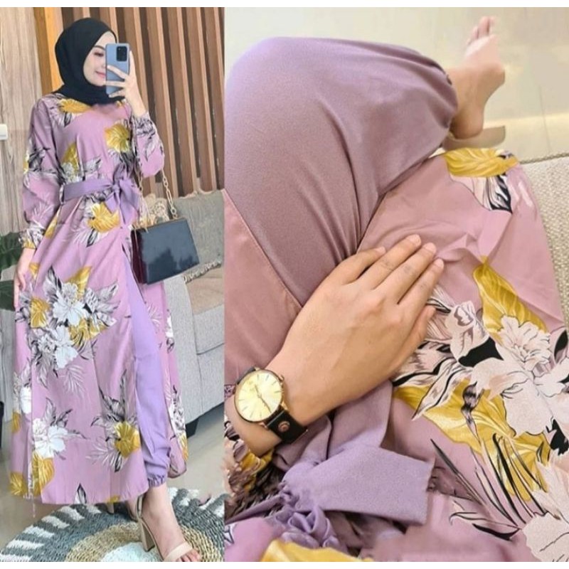 Stelan Wanita Leyna One Set Tunik Atas bawah celana Panjang Karer