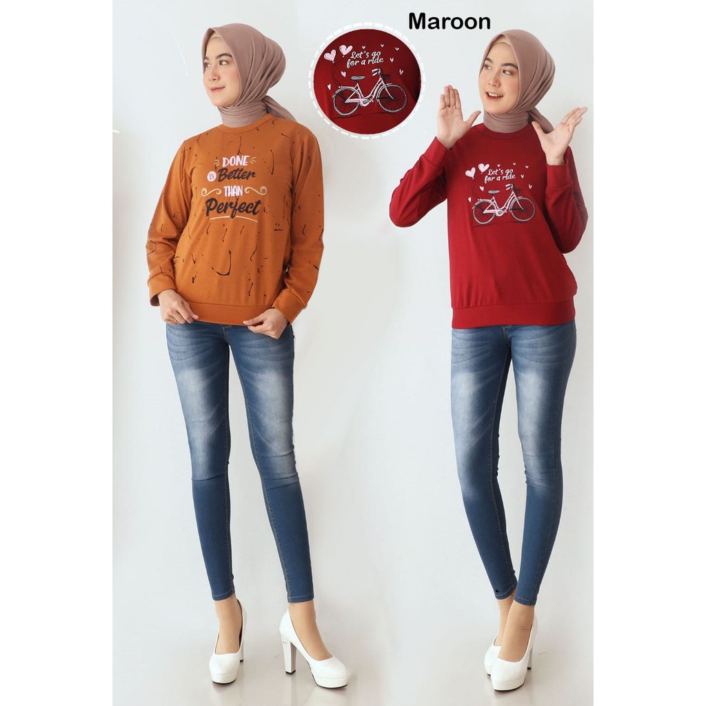 Sweater kaos tangan panjang wanita - variasi Sablon aplikasi bordir 531