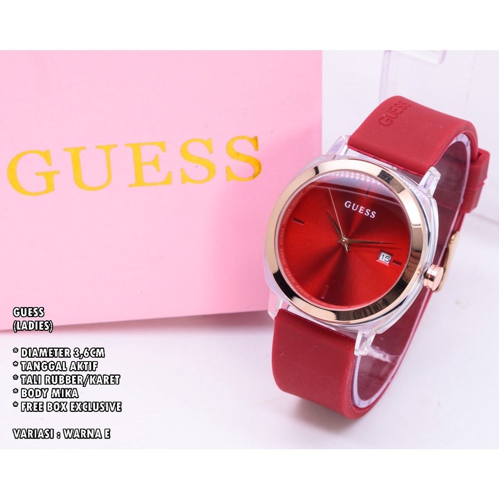 JAM TANGAN WANITA GUESS TALI RUBBER BODY BULAT TANGGAL AKTIF