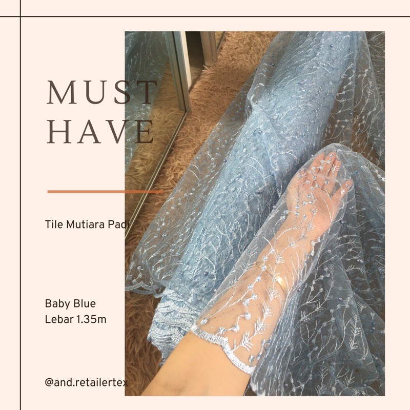 KAIN BROKAT TILE TULLE MUTIARA WARNA BABY BLUE MOTIF PADI
