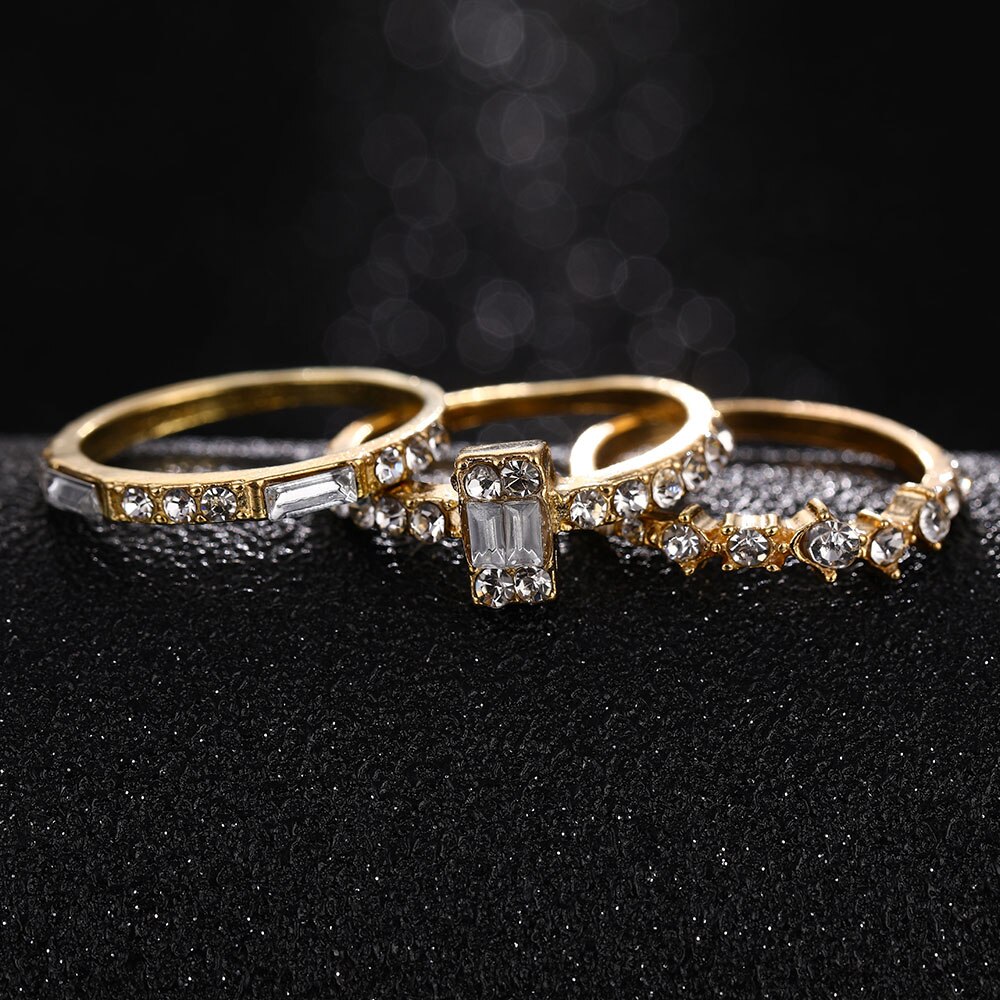 3pcs/set Cincin Kristal Zircon Warna Emas 2020 Untuk Wanita