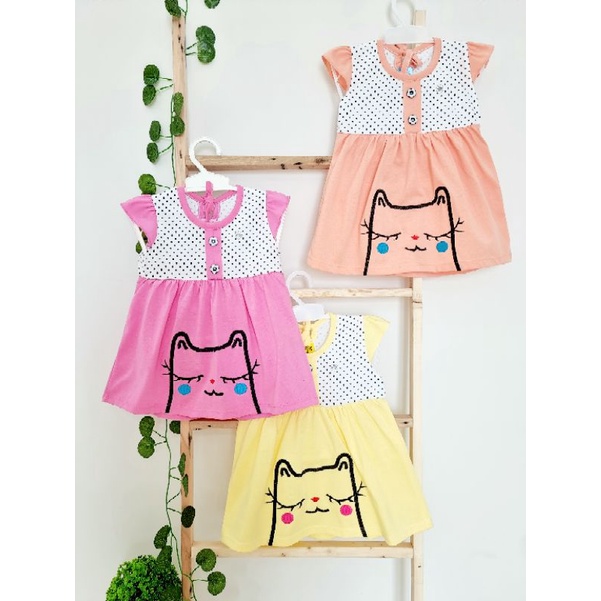 OBRAL! Ecer Dress Anak Bayi Polkadot Bordir Kucing All Size 6-12 Bulan 100% Katun