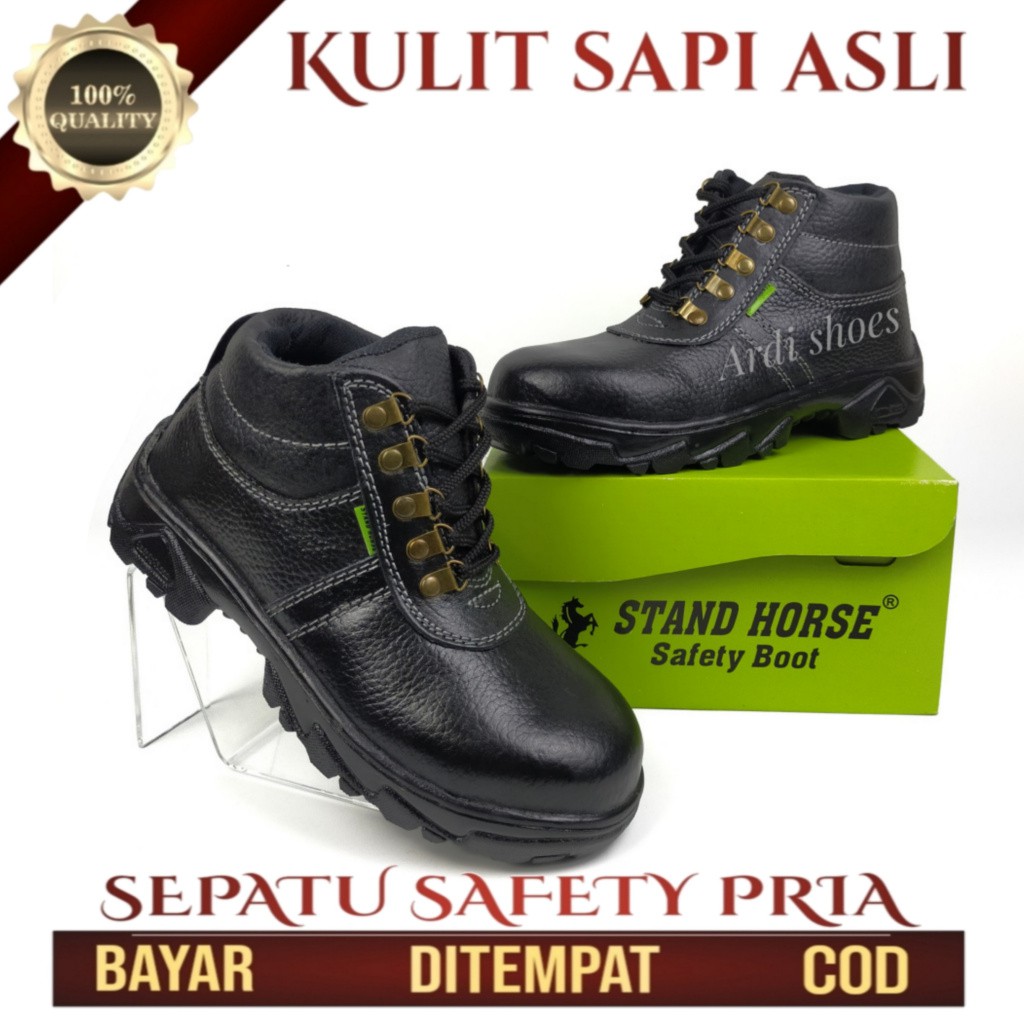 Sepatu Safety Pria Tali Boots Sepatu Sefty Kulit Asli Ujung Besi Sepatu Septi Cowok Stand Horse 804