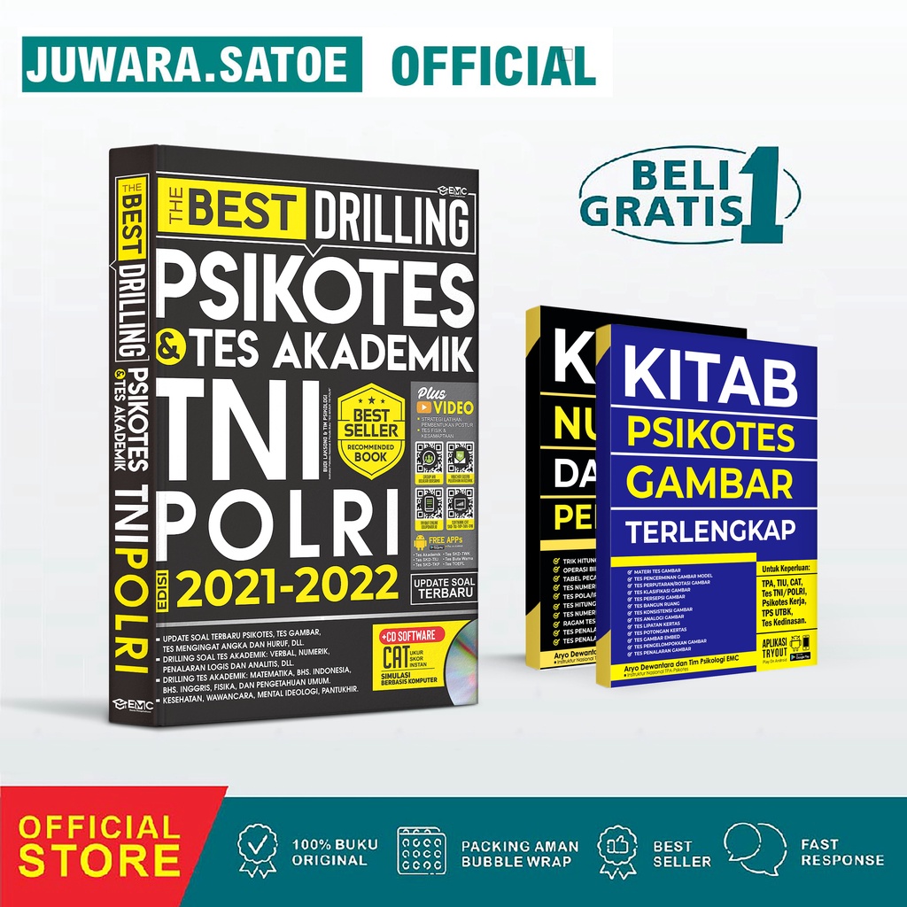 BUKU TNI POLRI 2021 - 2022 THE BEST DRILLING PSIKOTES & TES AKADEMIK TNI POLRI 2021-2022 + CD