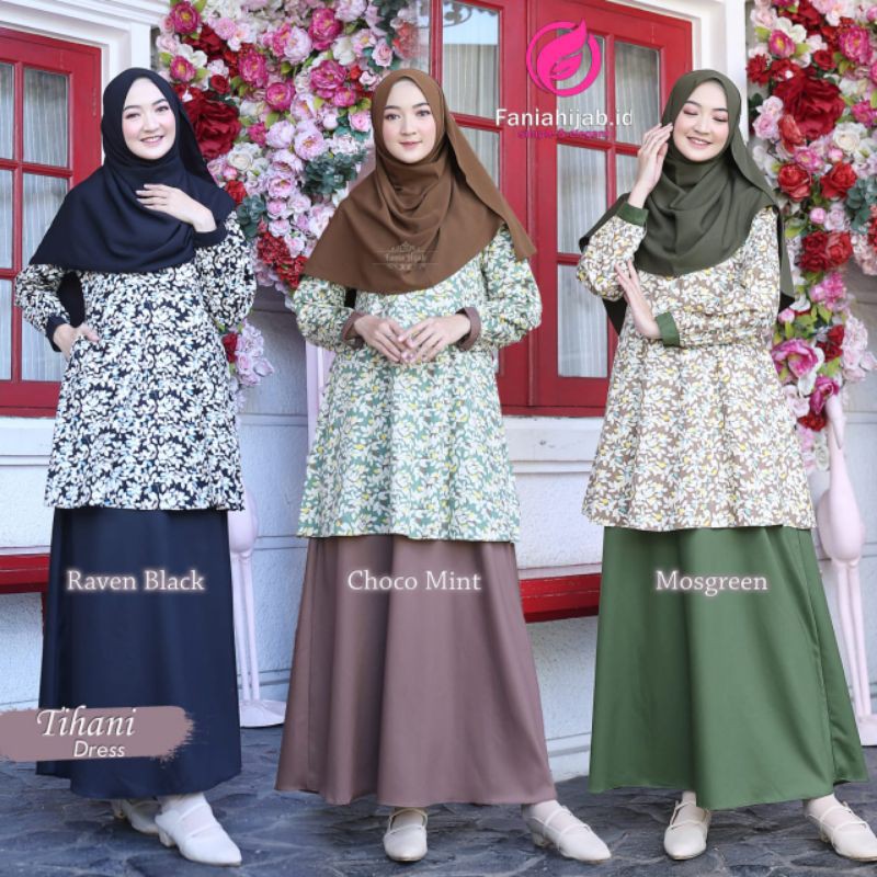 Tihani Dress Gamis Kombinasi Polos Motif Dres Simple Busui gamis Resmi Ngajar Guru Katun Nyaman Ori 