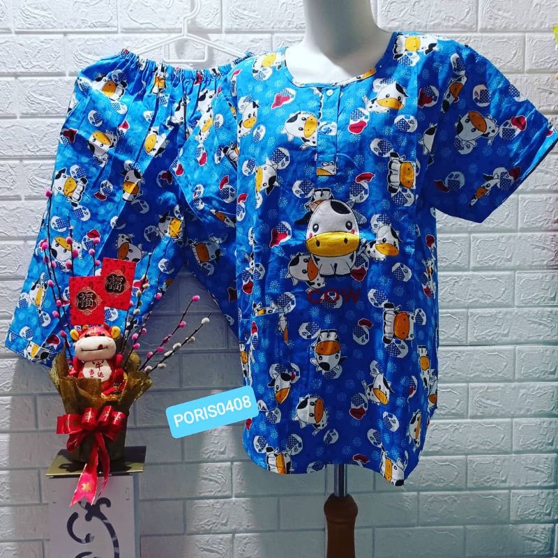 Baju Tidur Piyama &quot;HOKI&quot; katun wanita Celana 3/4 (happy cow)