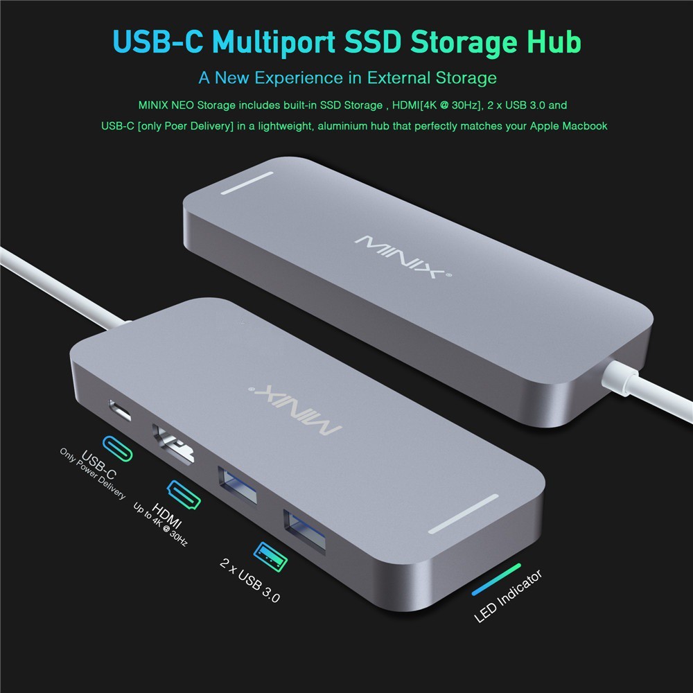 MINIX NEO S4 - USB-C Multiport 480GB SSD Storage Hub for Laptop/Notebook with Type-C Port - SSD External Storage with USB HUB