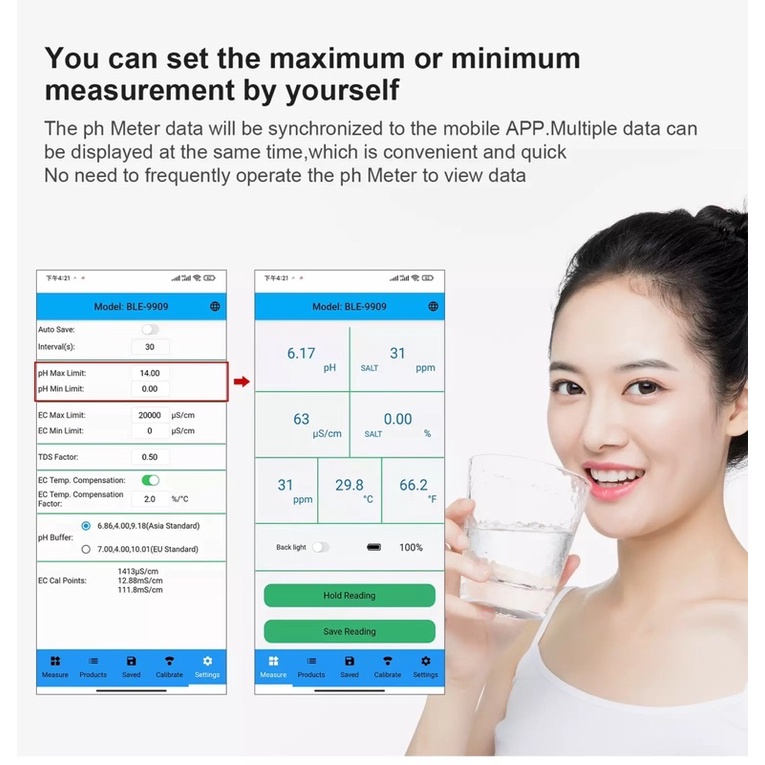 Digital Water Tester Bluetooth 5 in 1 BLE-9909 Salt-PH-EC-TDS-TEMP Meter