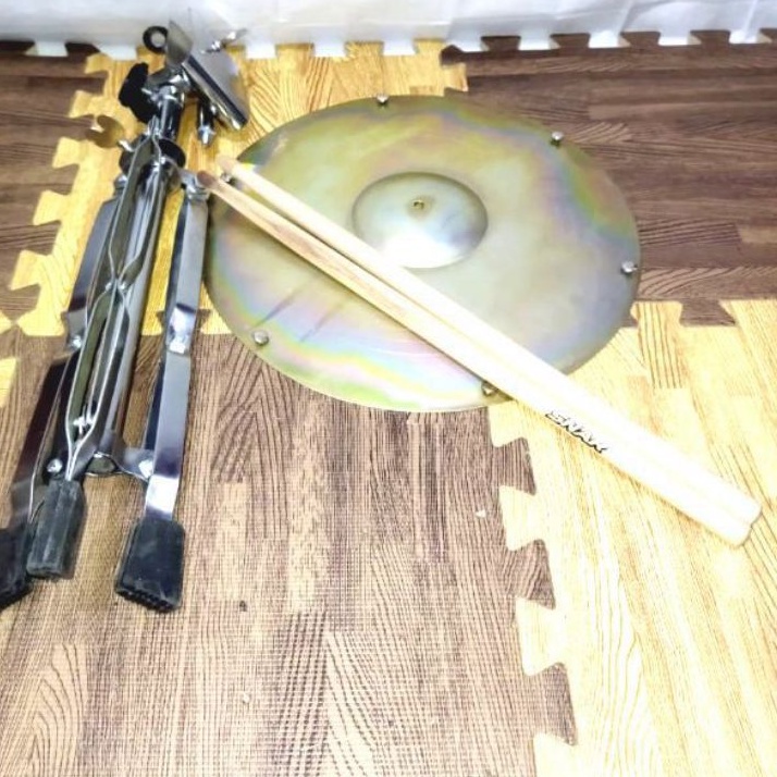 Satu Set Simbal 12 inci tanpa Tamborin bahan Plat besi crom kuning dan stand kaki Jagrak + Stik Drum