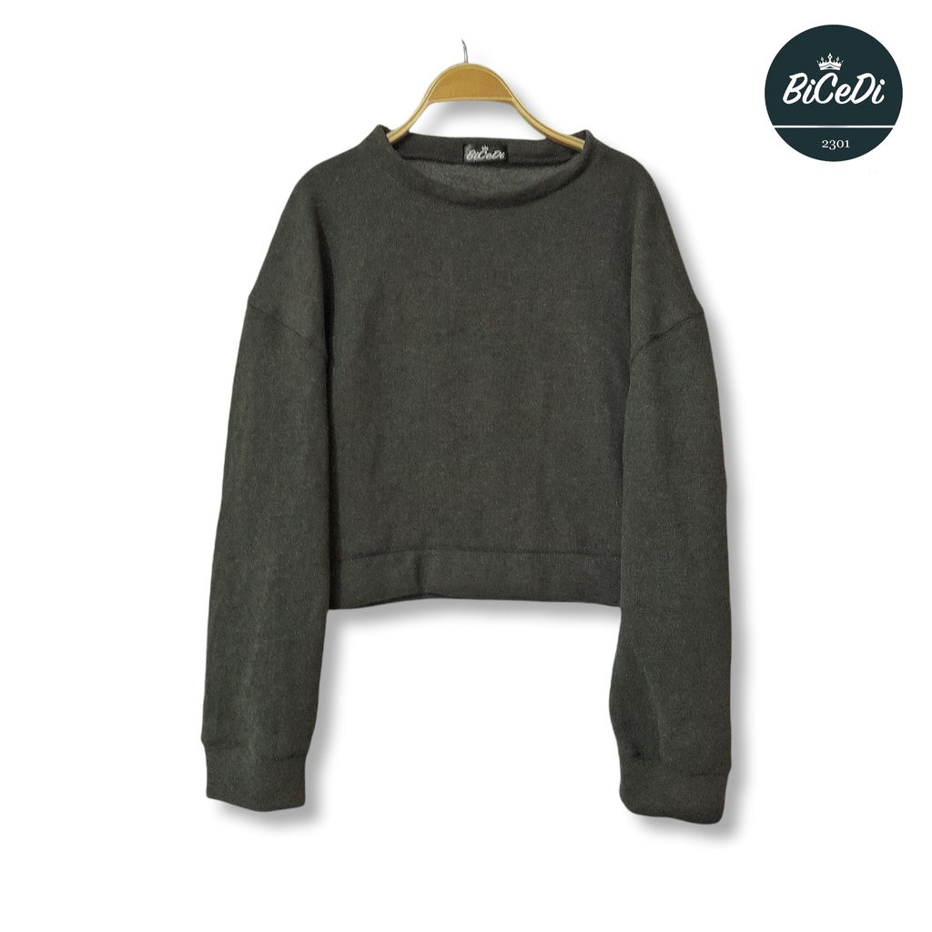 Oversized Sweater Crop Bicedi Sweater Crop Oversized Dark Gray Fleece Cotton Premium Lembut