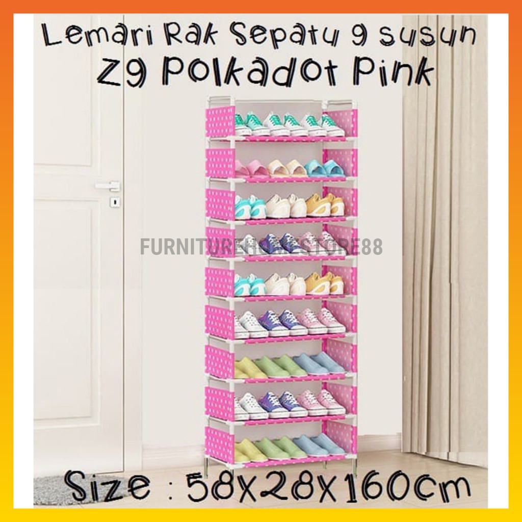 Rak Sepatu 9 Tingkat + Cover  Dan 5 Tingkat Debu Polos Susun 9 Ruang Z9 Polka Pink