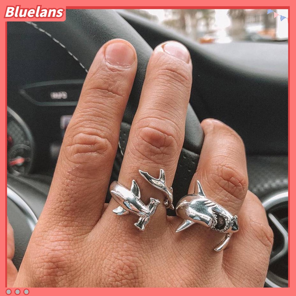 Bluelans 2Pcs Vintage Adjustable Alloy Shark Open Rings Unisex Party Jewelry Gift