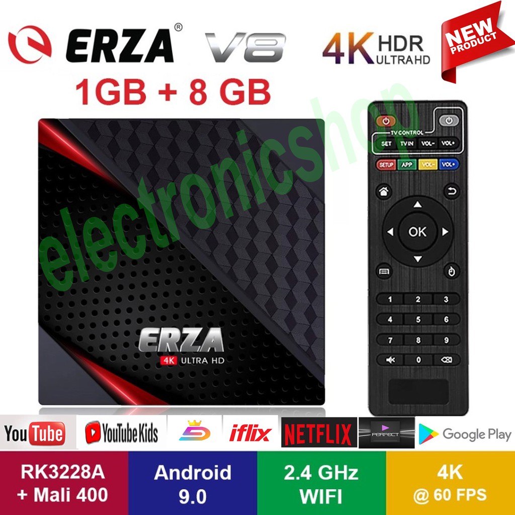 STB ERZA V8 1+8GB 4K sudah diinstal aplikasi dan free channel lokal/luar