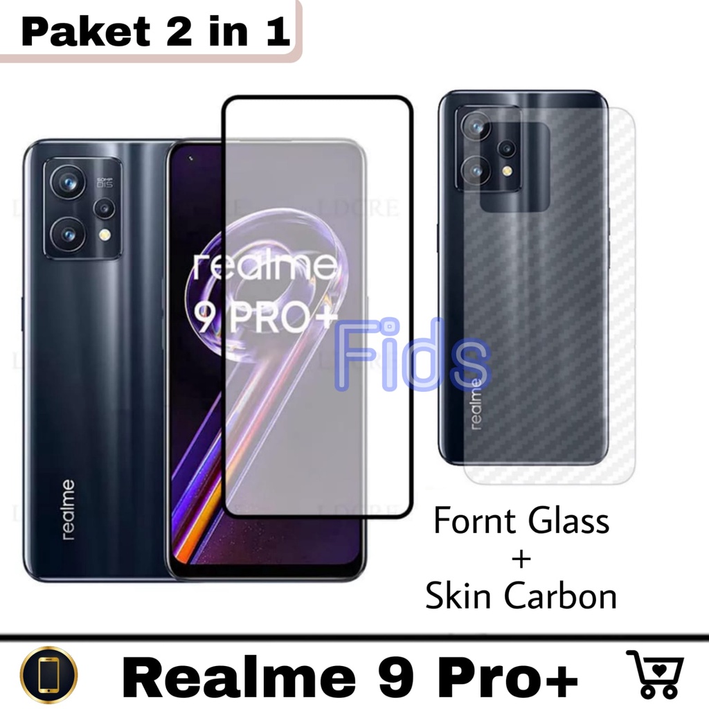 Paket 2 in 1 Tempered Glass REALME 9 Pro / 9 Pro Plus Anti Gores Layar Full Cover Free Garskin Carbon For Realme 9 Pro Plus