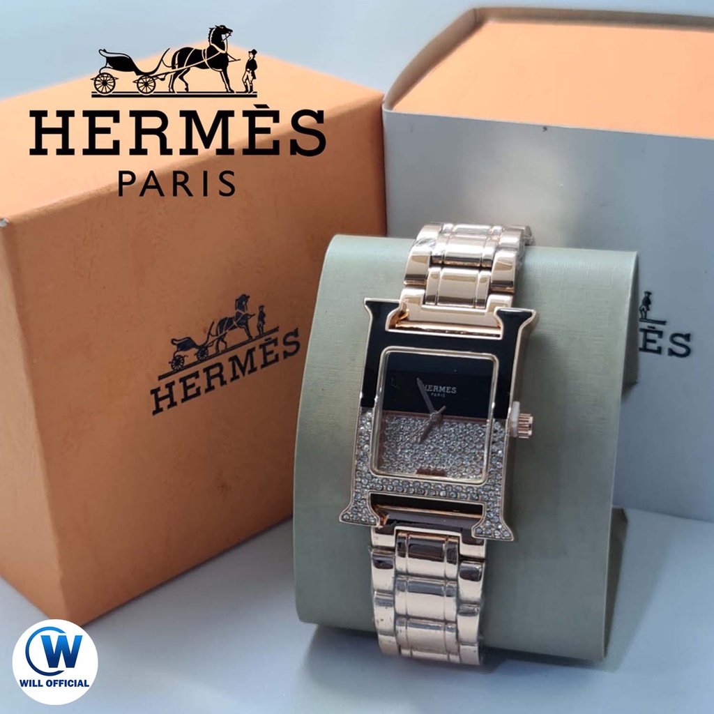 GROSIR JAM TANGAN WANITA HM HERM HERME KOTAK STRAP RANTAI KASUAL PAKET FREE BOX ELEGAN  JAM TANGAN M