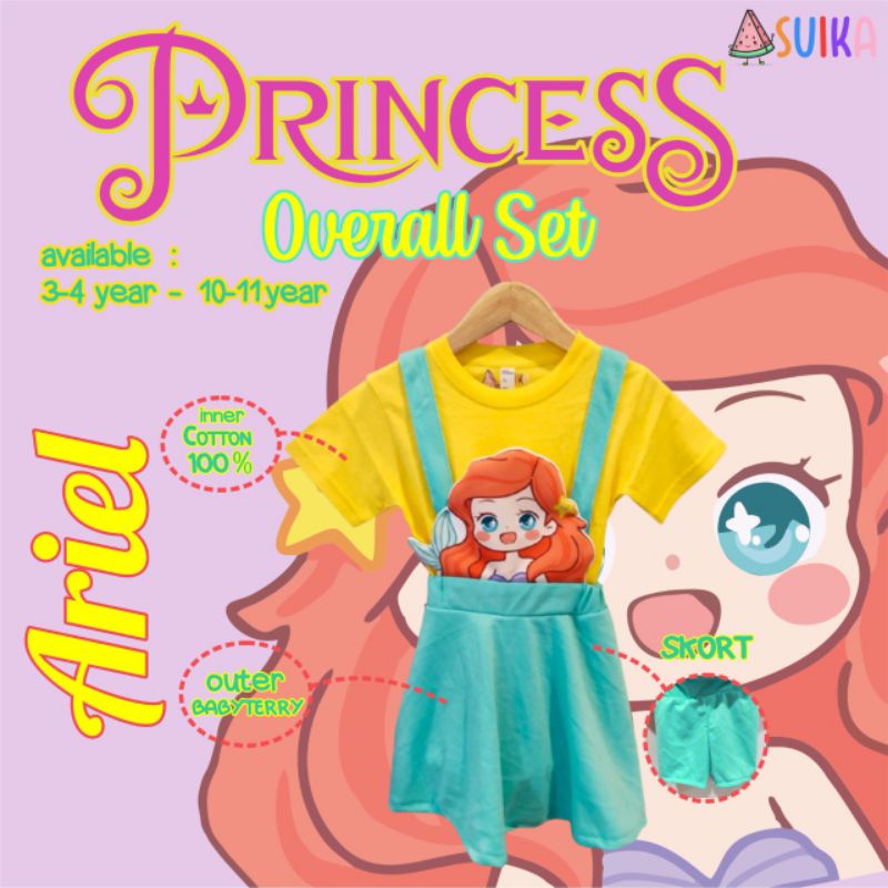 baju anak perempuan overall set kaos princess ariel mermaid