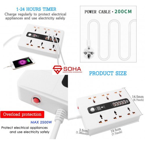 SOHA BKL-11 Stop Kontak Pakai Waktu / Power Socket Timer + 5 USB Port 3.4A &amp; Qualcomm Multi Port