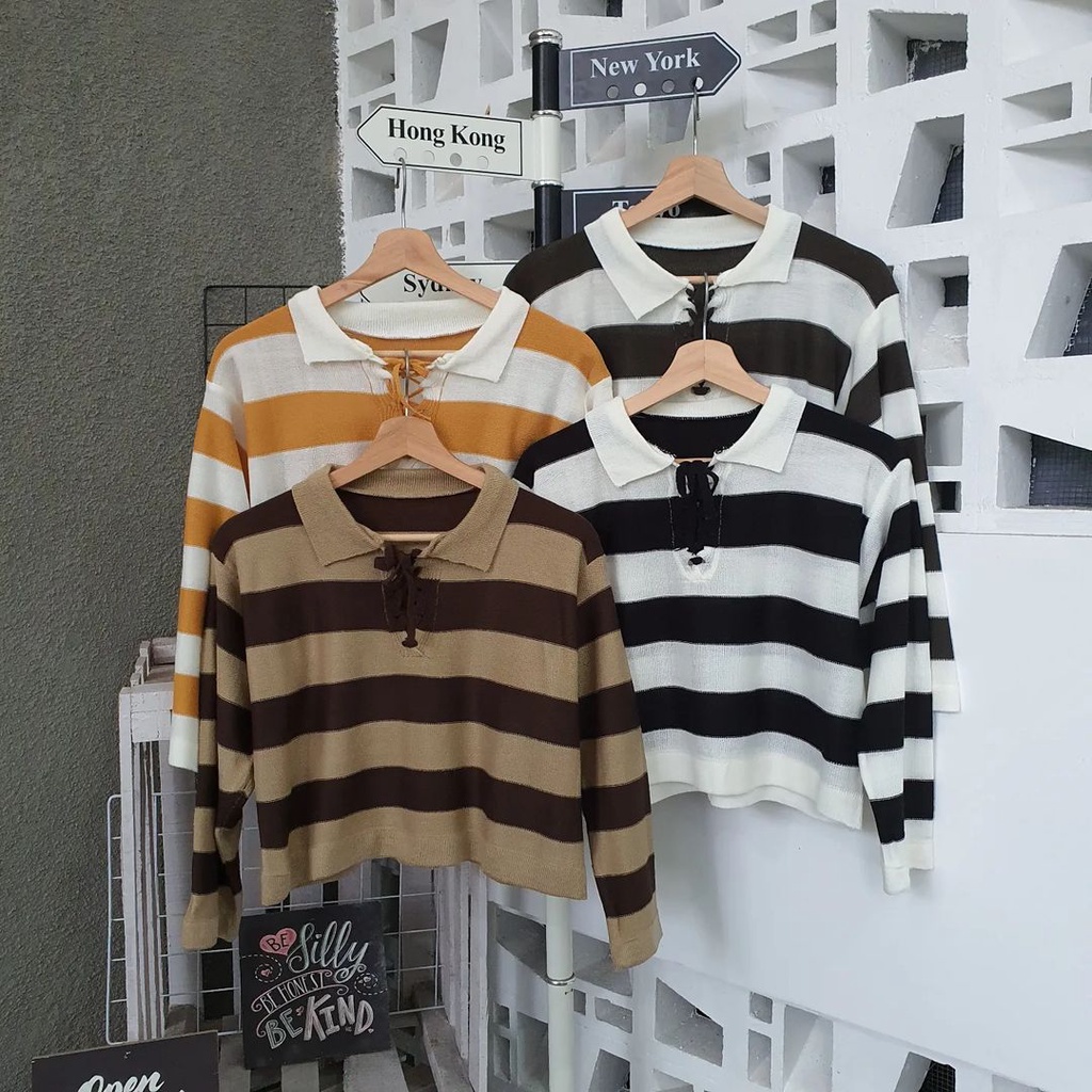 Atasan Wanita Sweater Crop Kerah Fuji Tali Bahan Rajut Korean Style Terbaru